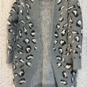 Gray Leopard Print Fuzzy Sweater Coat